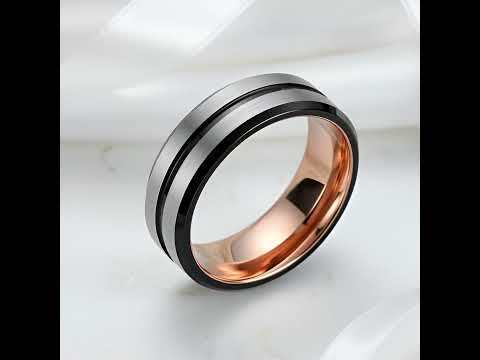 Rose Gold Inner Ring & Black Bevel Groove Tungsten Carbide Men's Ring