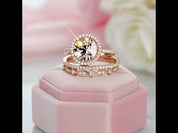 Rose Gold Champagne Sapphire Halo Round Cut 3pcs Wedding Ring Set