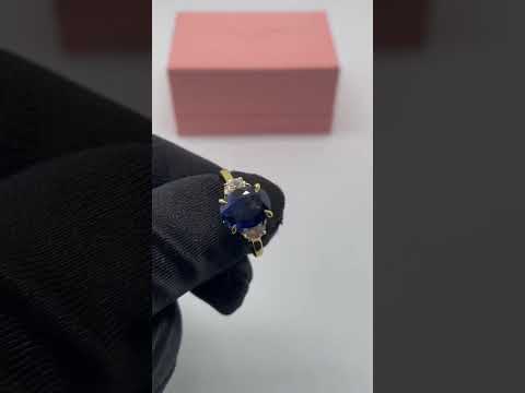 3.5ct Three Stone Blue Sapphire Oval Cut Yellow Gold Engagement Ring