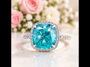 Exquisite Halo Cushion Cut Cyan Blue Diamond Option Engagement Ring