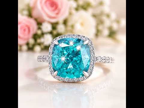Exquisite Halo Cushion Cut Cyan Blue Diamond Option Engagement Ring