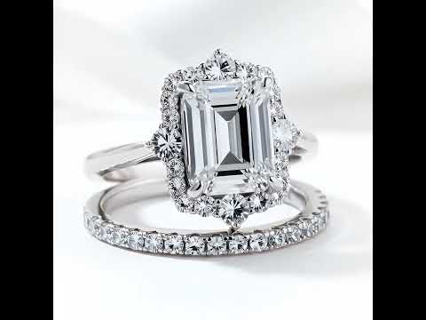 Unique Halo Emerald Cut Wedding Ring Set