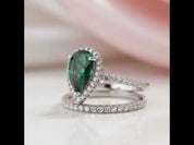 2.2 Carat Emerald Green Halo Pear Cut Wedding Set