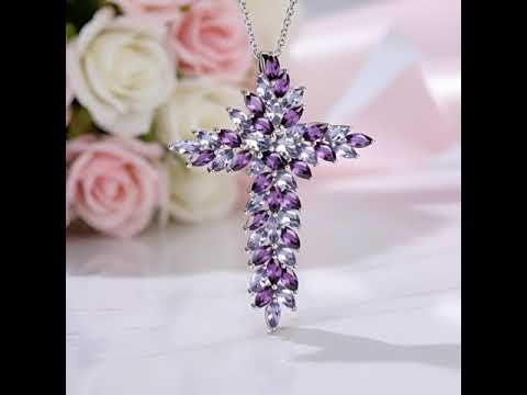 Elegant Amethyst and Tanzanite Marquise-Cut Cross Pendant Necklace