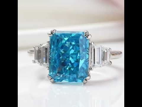 Three Stone Aquamarine Blue Radiant Cut Engagement Ring