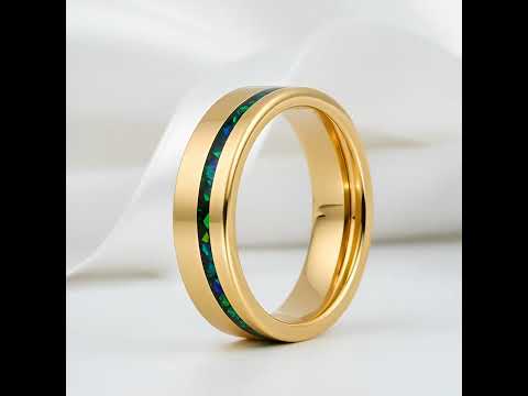 Gold Polished Green Opal Inlay Tungsten Unisex Wedding Band