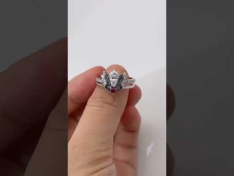 Angel's Wings- 14k White Gold Pear Cut and Red Heart Diamond Gothic Promise Ring