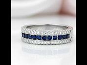 Round Sapphire Half Eternity Wedding Band with Diamond Option