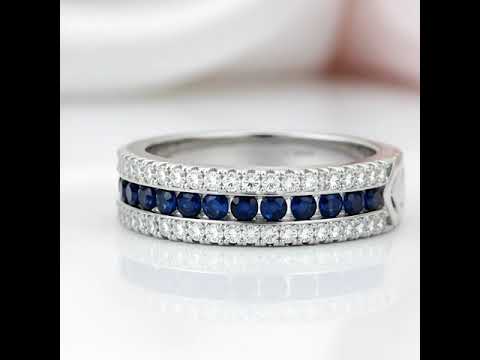 Round Sapphire Half Eternity Wedding Band with Diamond Option