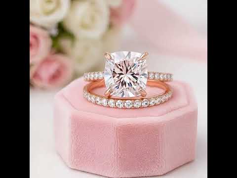 3.0ct Cushion Cut Rose Gold Clear Sapphire Wedding Ring Set