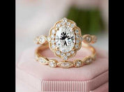 Yellow Gold Art Deco Halo Milgrain Oval Cut Wedding Set