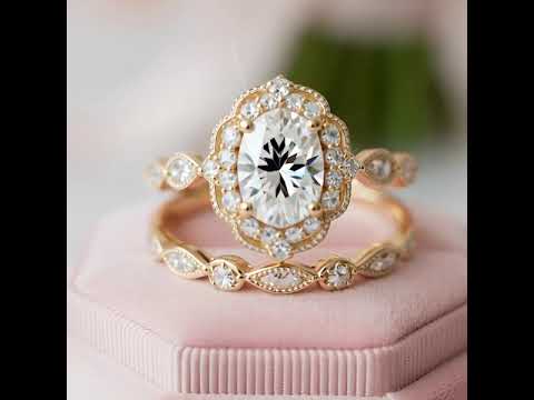 Yellow Gold Art Deco Halo Milgrain Oval Cut Wedding Set