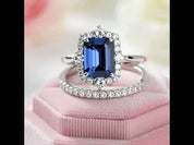 Halo Blue Sapphire Emerald Cut Wedding Ring Set