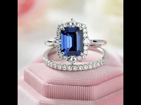 Halo Blue Sapphire Emerald Cut Wedding Ring Set