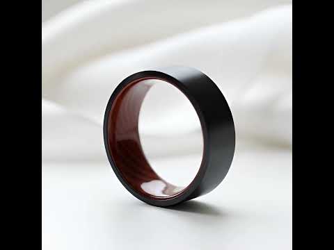Flat Black Tungsten Wedding Band with Inner Red Sandalwood