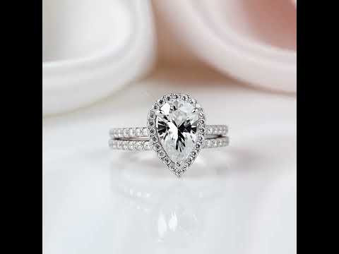 Halo Pear Cut White Sapphire Wedding Ring Set In White Gold