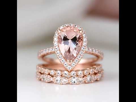 Rose Gold Halo Peachy Pink Simulated Morganite Pear Cut 3pc Ring Set