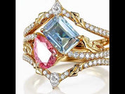 Toi et Moi Emerald & Pear Cut Pink-Blue Vintage Engagement Ring