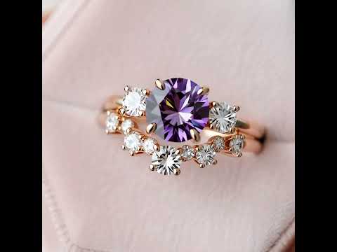 Round Cut  Purple Amethyst Crown Engagement Ring Set