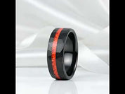 Brushed Matte Black Hammered Red Opal Inlay Tungsten Men's Ring