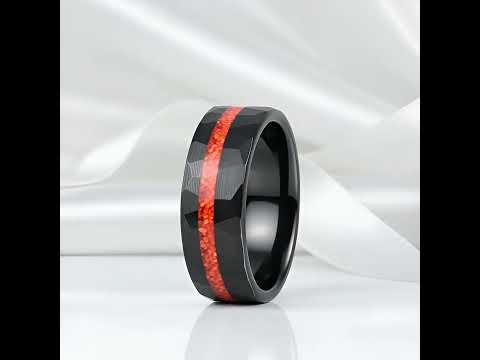 Brushed Matte Black Hammered Red Opal Inlay Tungsten Men's Ring