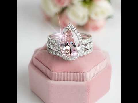 Halo Pear Cut 3ct Morganite Ring Set 3pcs In White Gold