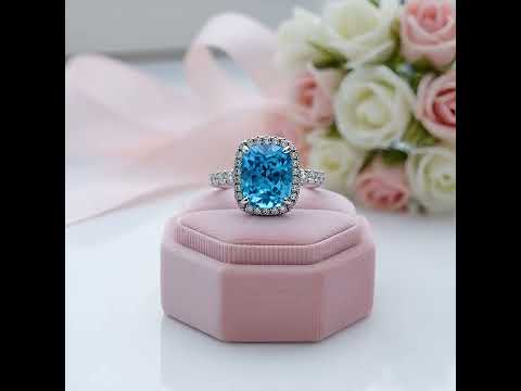 Gorgeous Halo Cushion Cut Aquamarine Blue Engagement Ring