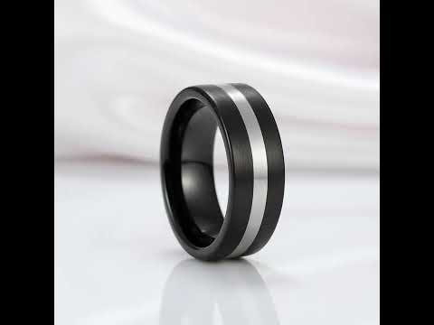 Black Brushed with Silver Line Tungsten Men's Ring