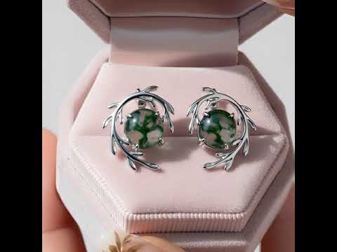 Round cut Natural Green Moss Agate Plant Inspired Anniversary Earrings