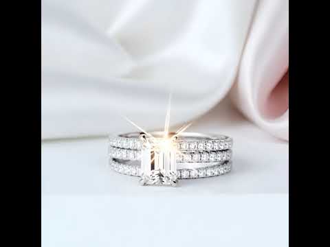 14k White Gold 2.0 Ct Emerald Cut Diamond Option Hidden Halo Engagement Ring Set