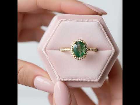 Natural 9*7mm Oval Green Moss Agate Engagement Ring