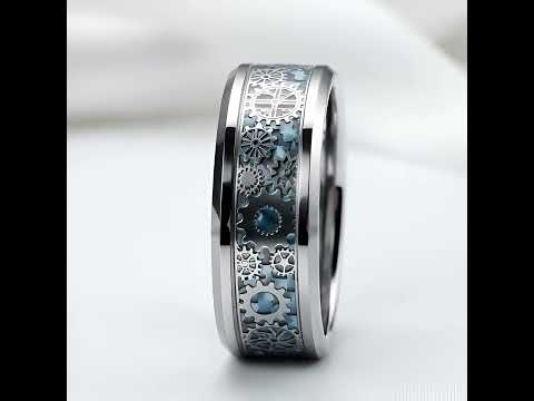 8mm Men's Tungsten Wedding Band with Gear Wheel & Blue Carbon Fiber Inlay