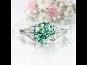 3 Carat Teal Round Moissanite Engagement Ring with Cluster Side Stones