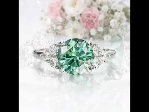 3 Carat Teal Round Moissanite Engagement Ring with Cluster Side Stones