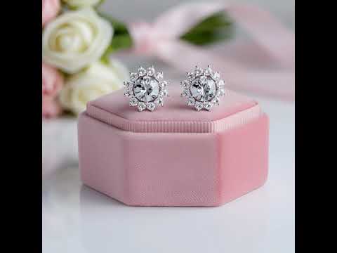 14K White Gold Sunflower Halo CVD Lab Diamond Option Stud Earrings