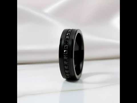 Diamond Inlay Beveled Edges Black Tungsten Men's Wedding Band