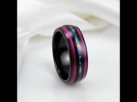 8mm Dome Black Tungsten Wedding Band with String & Abalone Inlay