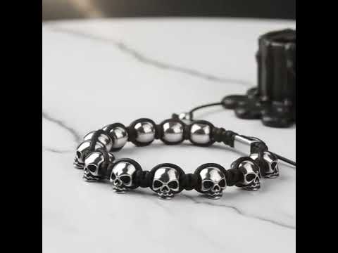 Unisex Skull Beads Gothic Bracelet with Braided Wrap – Black