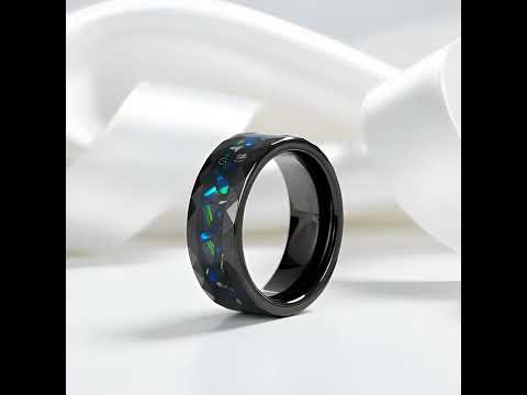 Opal and Metal Slag Inlay Hammered Black Tungsten Carbide Ring