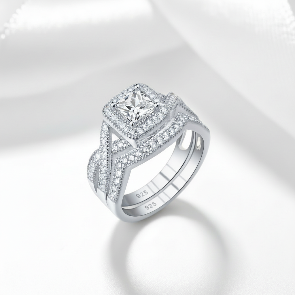 Princess Cut Diamond Halo Criss Cross Wedding Ring Set-Black Diamonds New York