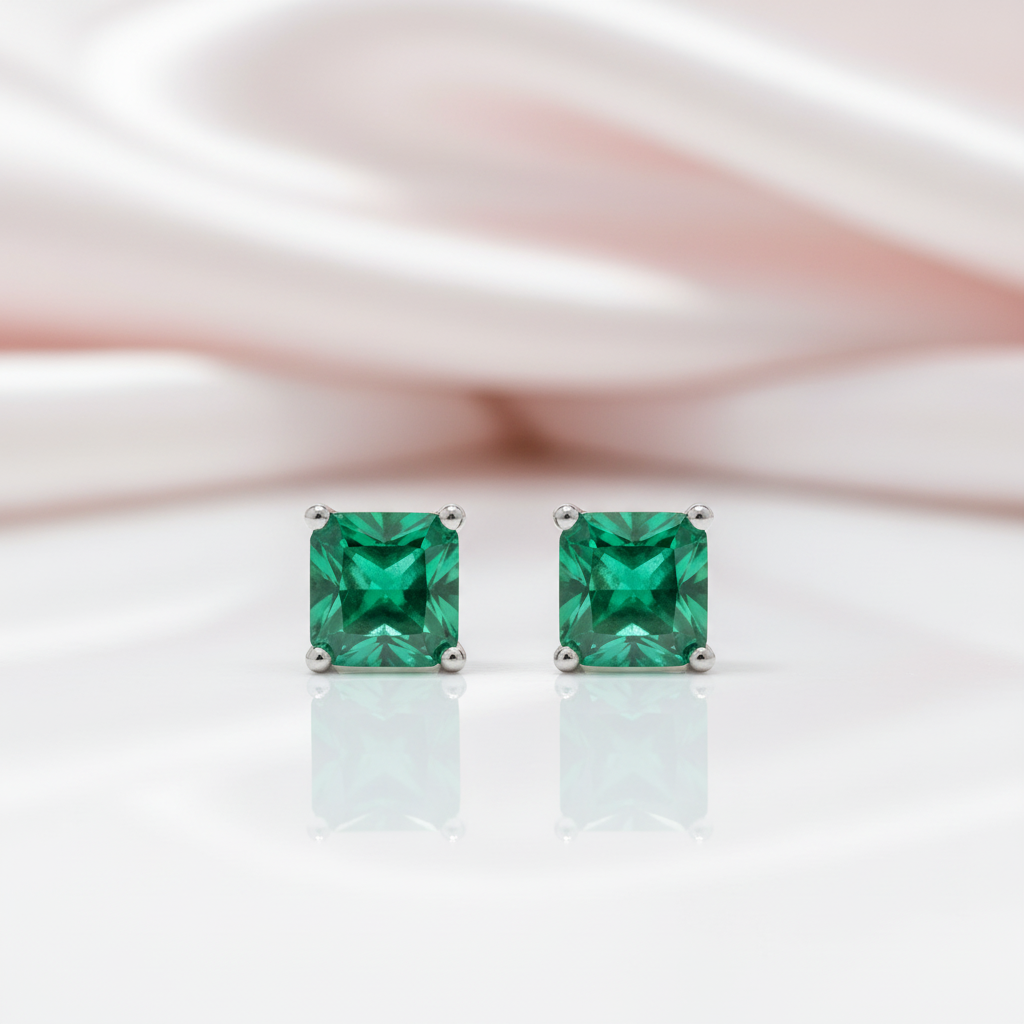 Princess Cut Emerald Green Stud Earrings-Black Diamonds New York