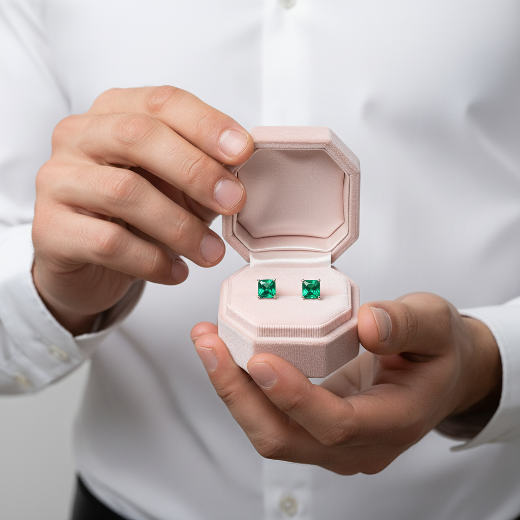 Princess Cut Emerald Green Stud Earrings-Black Diamonds New York