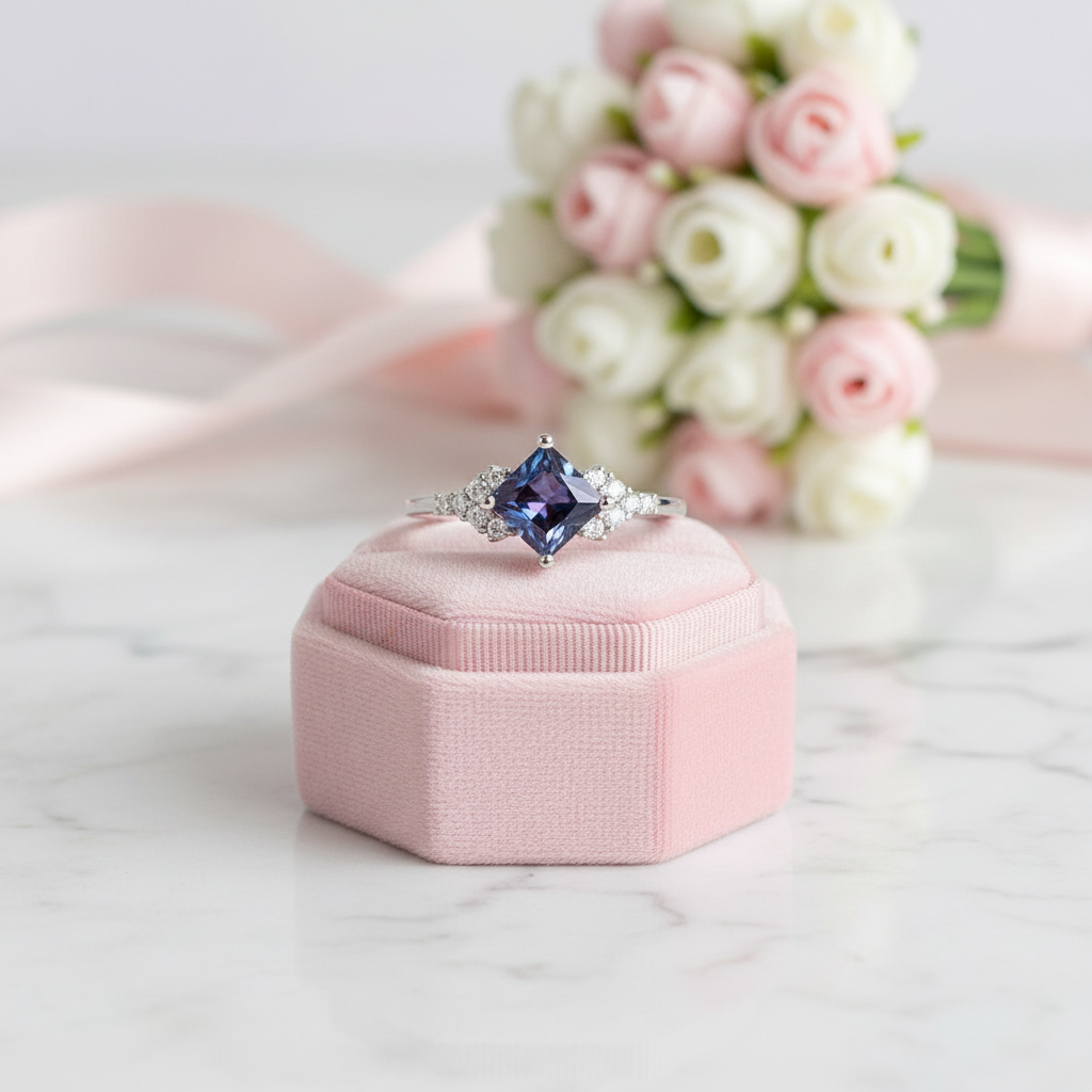 Princess Cut Lab Alexandrite Gemstone Ring-Black Diamonds New York