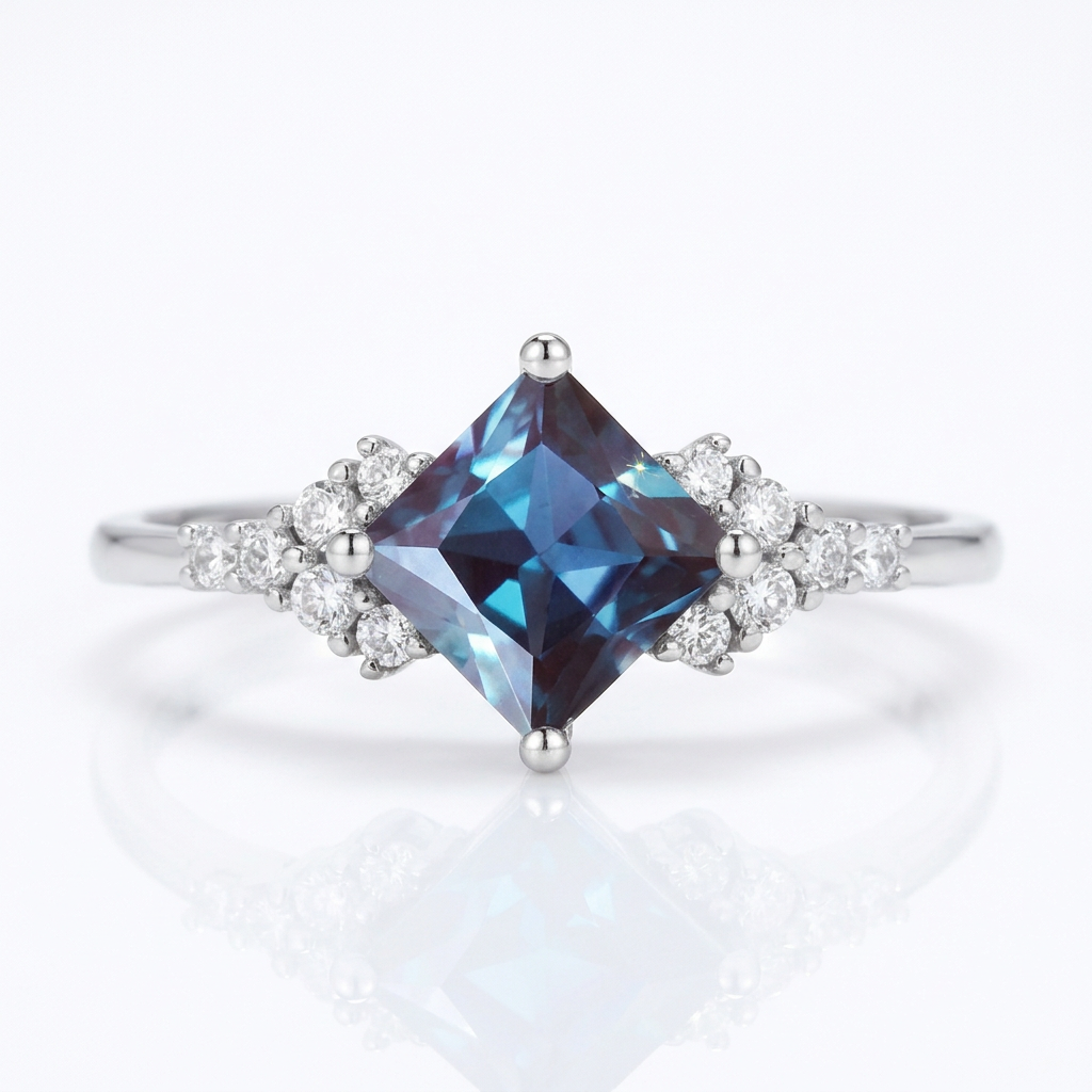 Princess Cut Lab Alexandrite Gemstone Ring-Black Diamonds New York