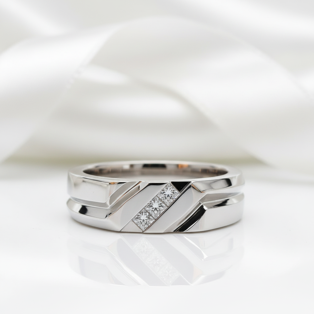 Silver ring with a diamond on a white background