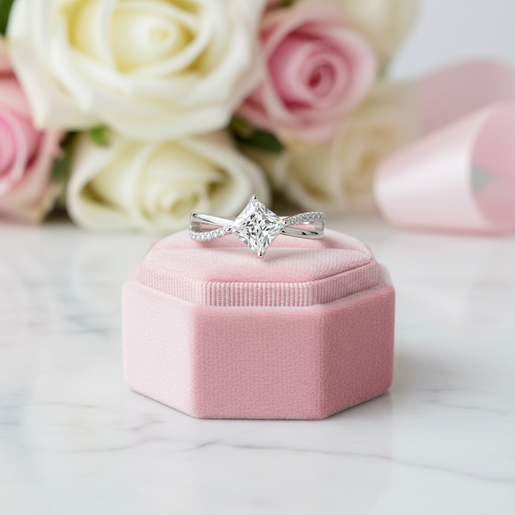 Diamond ring in a pink jewelry box with flowers in the background