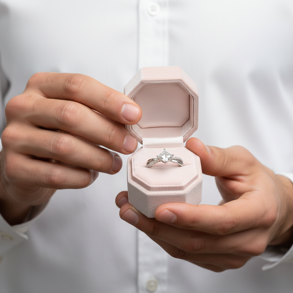 Person holding a diamond ring in an open pink box against a white background