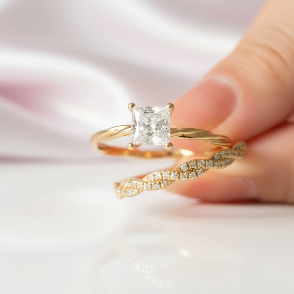 Princess Cut Diamond Twist Wedding Ring Set-Black Diamonds New York