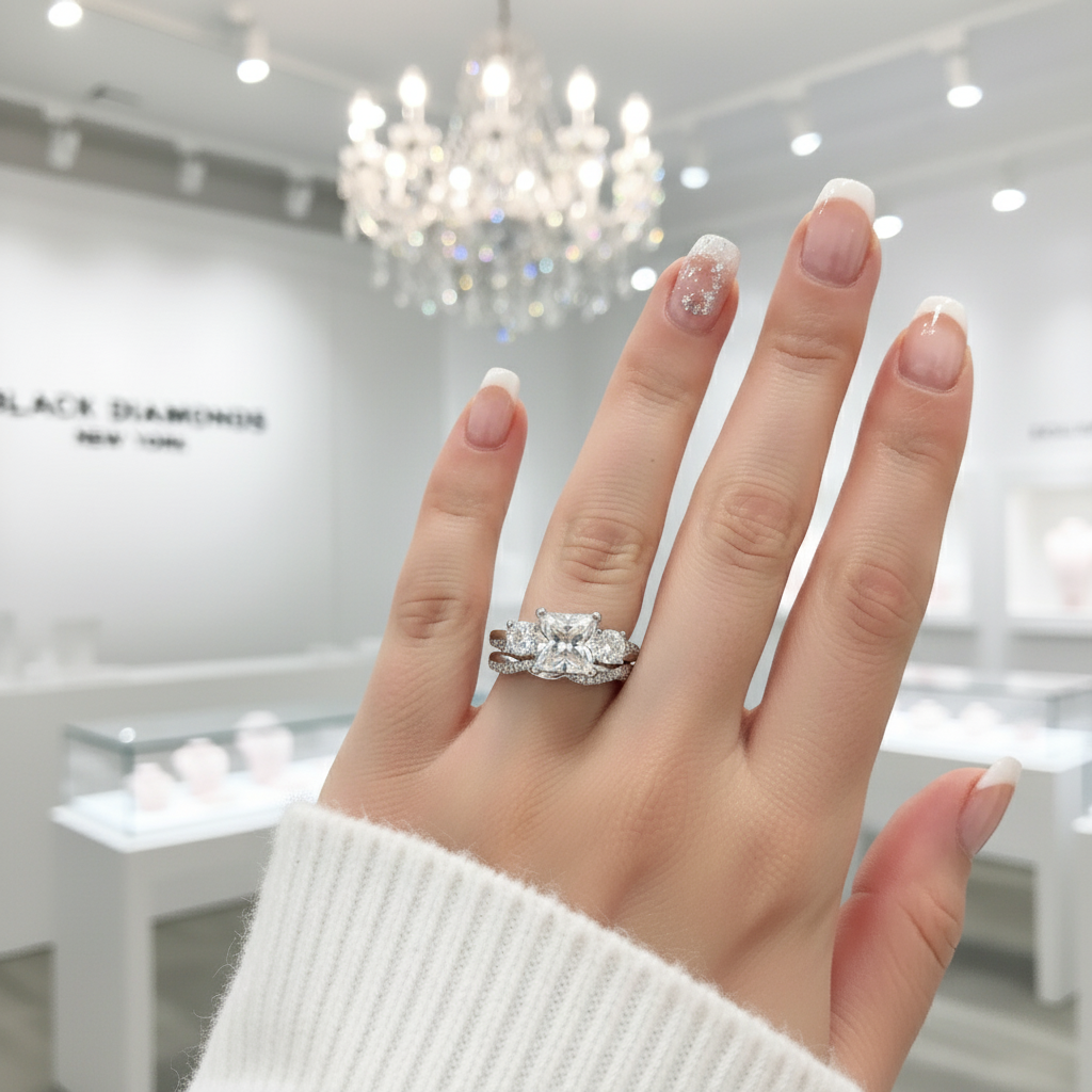 Princess Cut Diamond Twist Wedding Ring Set-Black Diamonds New York