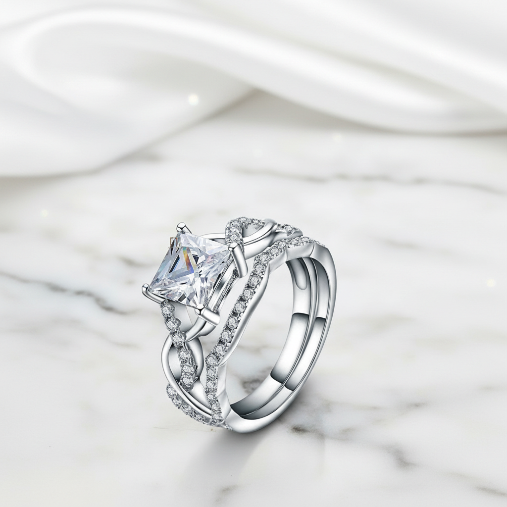 Princess Cut Diamond Option Twisted Band Ring Set-Black Diamonds New York